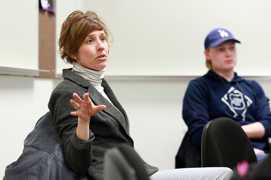 Baird speaks with career and technical education students recently. 